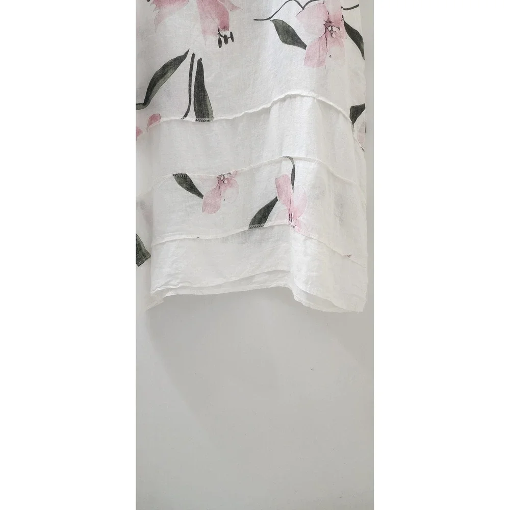 Lungo L'Arno Italy 100% Linen Floral Midi Dress White Pink Green Womens Small - Picture 2 of 6